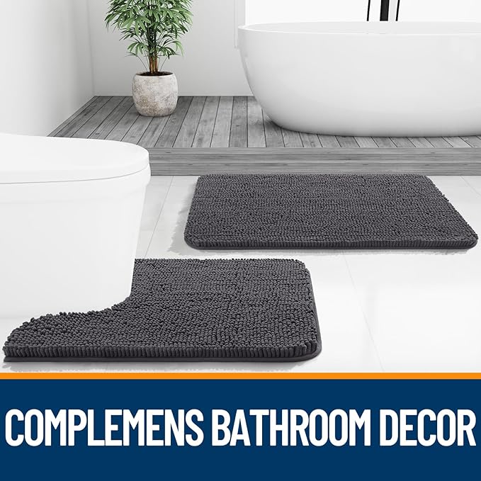 OLANLY Bathroom Rugs 40x32, Extra Soft Absorbent Chenille Bath Rugs, Rubber Backing Quick Dry, Machine Washable Bath Mats for Bathroom Floor, Tub and Shower, Home Decor Accessories, Dark Grey