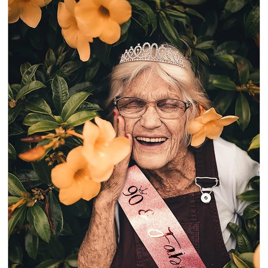 CIEHER 90th Birthday Crown, Sash & Pearl Pin Set - Elegant Decorations & Gifts for Her 90th Fabulous Birthday