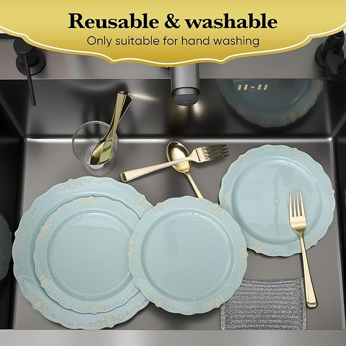 350 PCS Green Disposable Plates, Elegant Dinnerware Set for 50 Guests, 100 Plastic Plates, 150 Silverware, 50 Cups & 50 Paper Napkins, Green