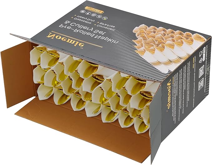 Noemie 100 Pack Pre Rolled Gold Hard Plastic Silverware Set,Wrapped Disposable Cutlery Set for Wedding Birthday Party with 100 Forks,Spoons,Knives,Napkins,Heavy Duty Utensils Flatware Set
