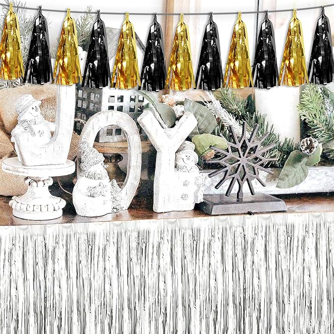 3P Black Gold Tassel Banner Garland Metallic Foil Fringe Banner Tinsel Tassels Streamer Banner Backdrop for Parade Floats, 2025 Graduation Decorations, Father's Day,New Years Party Decoration