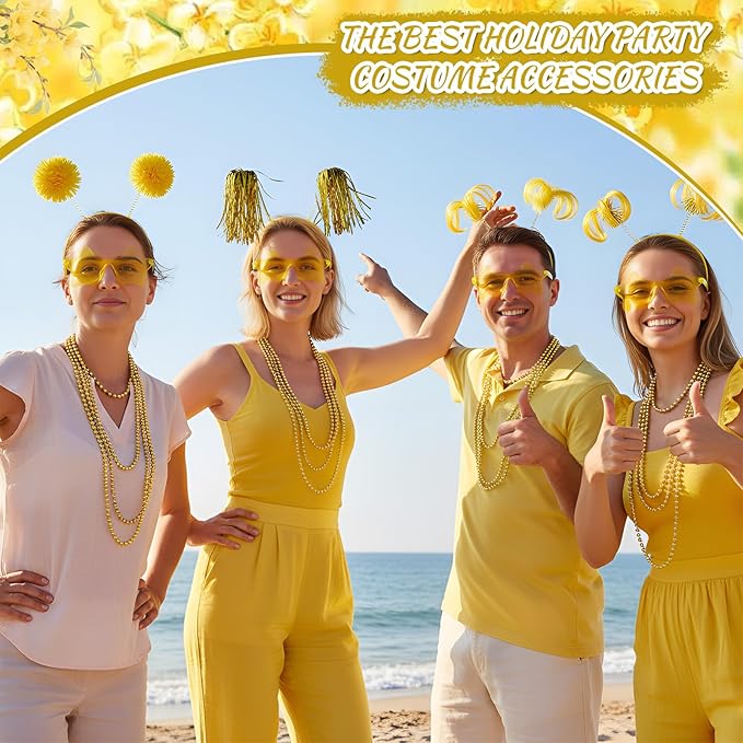 50 Pcs Gold Holiday Team Spirit Party Accessories Pom Pom Party Headbands Star Shape Sunglasses Bead Necklaces Stuff Favors for Birthday Wedding Supplies(Classic)
