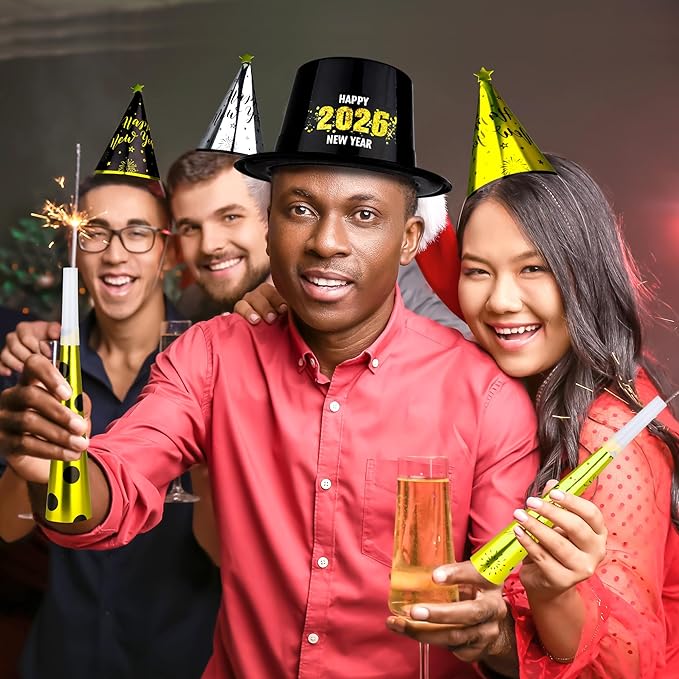 400PCS New Years Party Favors, 2026 New Years Party Hats 200 People, New Years Headbands Gold Black Silver, Plastic Cardboard New Year Supplies Cone Hats Party Blowers Horns