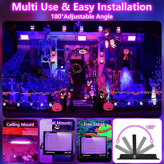 Upgraded 240W LED Black Light with 10ft Cable, IP66 Outdoor Blacklight Flood Light, Powerful Floodlight with Plug Switch for Christmas Halloween Neon Glow Dark Party Fluorescent Body Paint, 2 Pack