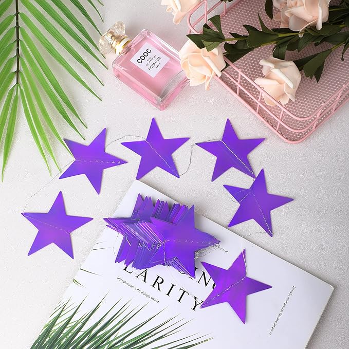 Patelai Glitter Star Garland Banner Christmas Decor 130 Feet Star Hanging Bunting Banner Twinkle Backdrop for Homecoming Classroom Wedding Birthday Halloween Party Supplies(Holographic Purple)