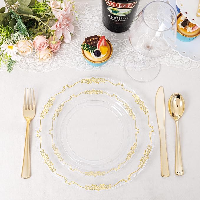 U-QE 100PCS Clear Gold Christmas Plastic Plates - Disposable Heavy Duty Clear Plates with Gold Rim Including 50PCS 10'' & 50PCS 7.5'' Perfect for Christmas, Party, Weddings