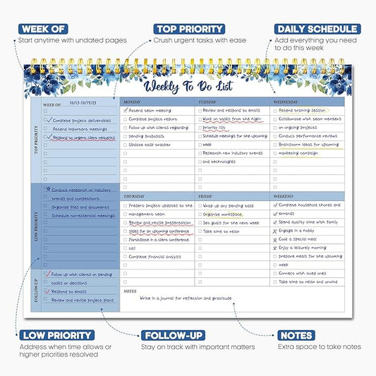 Taja Weekly To Do List Notepad with 52 Undated Sheets(8.5"×11")- Weekly Desk Planner for Women & Man, Work and Home - 1 Pack Azure Bloom
