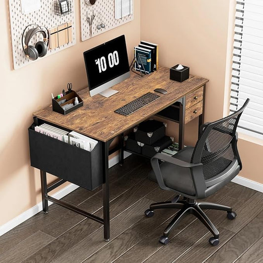 Lufeiya Computer Desk with Drawers - 40 Inch Work Reversible Small Desk for Bedroom Home Office, Simple Study Writing Table PC Desks with Drawer Storage Shelves, Rustic Brown