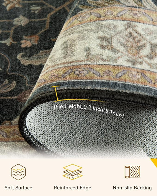 Area Rugs Round 8ft Washable Non-Slip, Floral Vintage Distress Print Pattern Medallion Carpet for Living Room Bedroom Dining Room, Vintage Black Brown Neutral