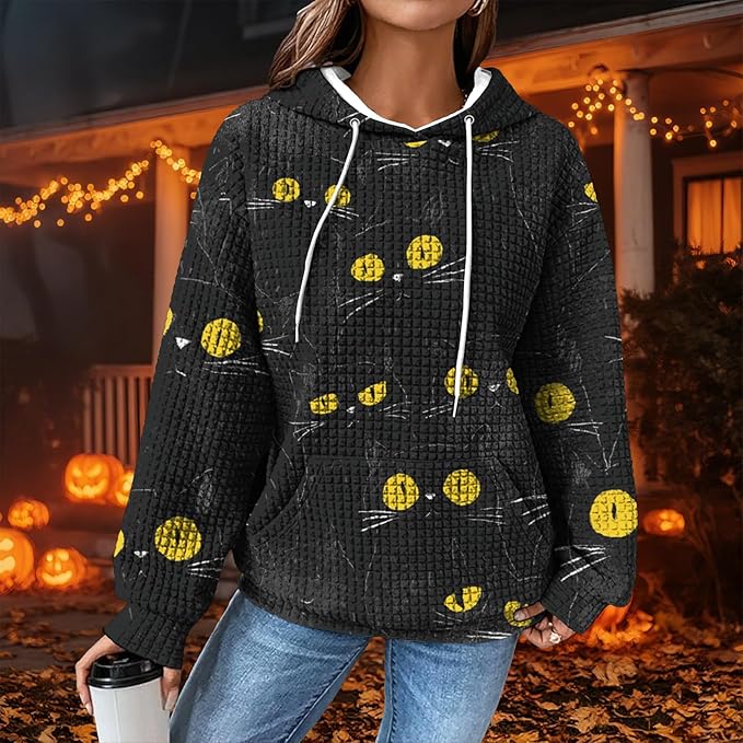 Halloween Sweatshirts for Women Novelty Graphic Drawstring Waffle Hoodies Loose Casual Pullover Tops with Pocket