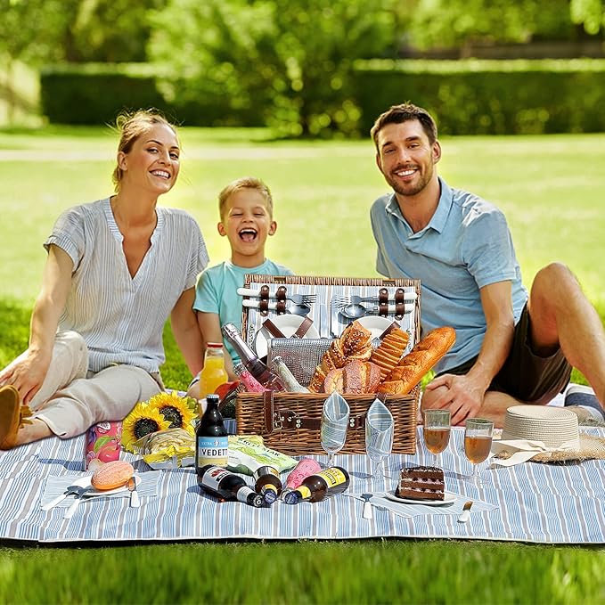 Picnic Basket for 4 Persons with Waterproof Picnic Blanket and Insulated Cooler, Large Wicker Picnic Basket for Camping, Outdoors, Valentine's Day, Christmas, Birthday, Wedding Gift