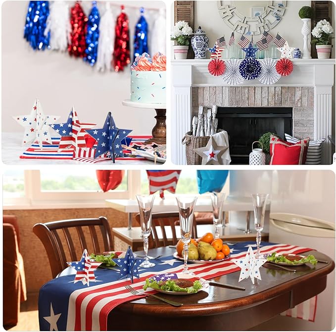 COCHIE 6 Inch Labor Day Decorations Wooden Stars Set, Vintage 3D Star Memorial Day Tiered Tray Decor, 4th of July Red White Blue Patriotic Decoration for Home Table Desk Door Shelf (Flag Retro)