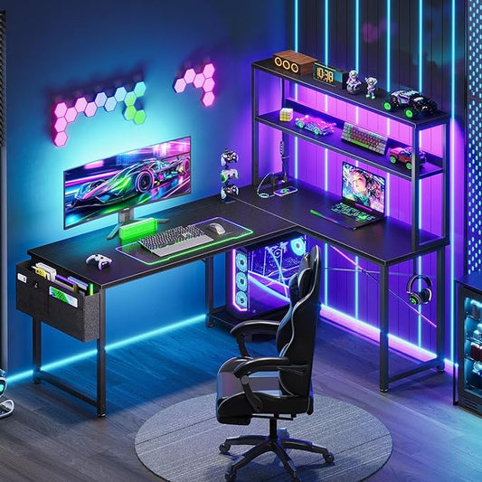 AODK L Shaped Desk Gaming Desk with LED Light & Power Outlet, 53 Inch Reversible L Shaped Computer Table with Shelf & Storage Bag & Hook for Home Office, Black