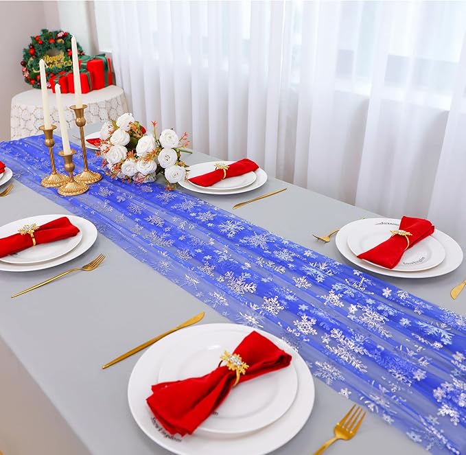 Snowkingdom Blue Silver Christmas Snowflake Table Runner 10ft, Royal Blue Tulle Gauze Sheer 120 Inch Winter Cheesecloth Table Runner for Seasonal Holiday Party, New Year, Wedding Dining Table Decor