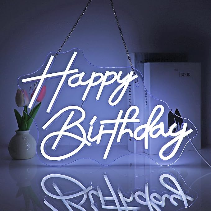 Neon Sign, Happy Birthday Neon Signs for Wall Decor White LED Neon Light Up Signs Home Decor for Birthay Business Club Party Bars Shop Decoration USB Operated