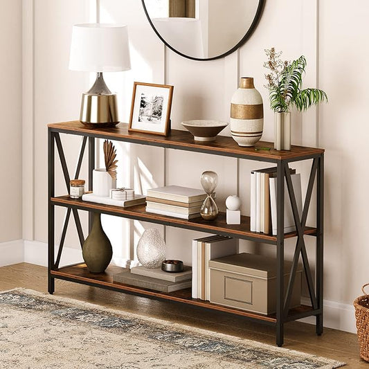 55" Sofa Table, Industrial Console Table, 3-Tier Narrow Side Table with Open Shelves, Foyer Table for Entryway, Hallway, Kitchen, Living Room and Bedroom, Rustic Brown CTHR80401