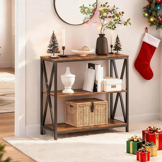 Sofa Table, Industrial Console Table, 3-Tier Narrow Side Table with Open Shelves, Foyer Table for Entryway, Hallway, Kitchen, Living Room and Bedroom, Easy Assembly, Rustic Brown CTHR8001Z