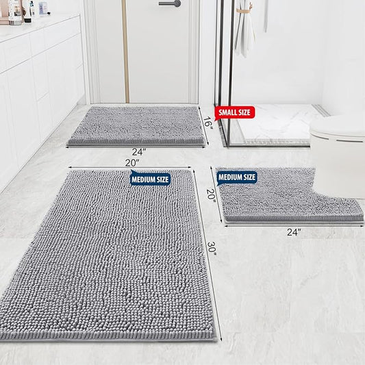 Smiry Luxury Chenille Bathroom Rugs 70x24, Extra Soft and Absorbent Shaggy Bath Mat, Machine Washable, Non-Slip Plush Carpet Runner for Tub, Shower, and Floor, Home Decor Accessories, Light Grey