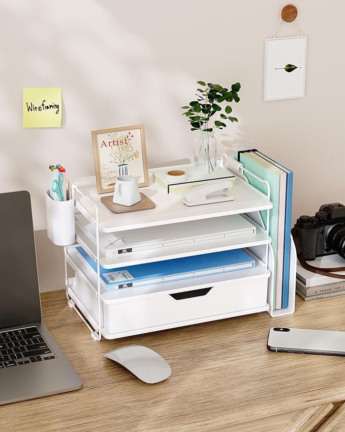 Kitsure Desk Organizer - 4-Tier Office Desk Accessories with Drawer & Pen Holder, Tool-Free Assembly Organizer with Non-Slip Pads, for Office Supplies Storage, Plastic, 13.3" x 8.0" x 10.8", White