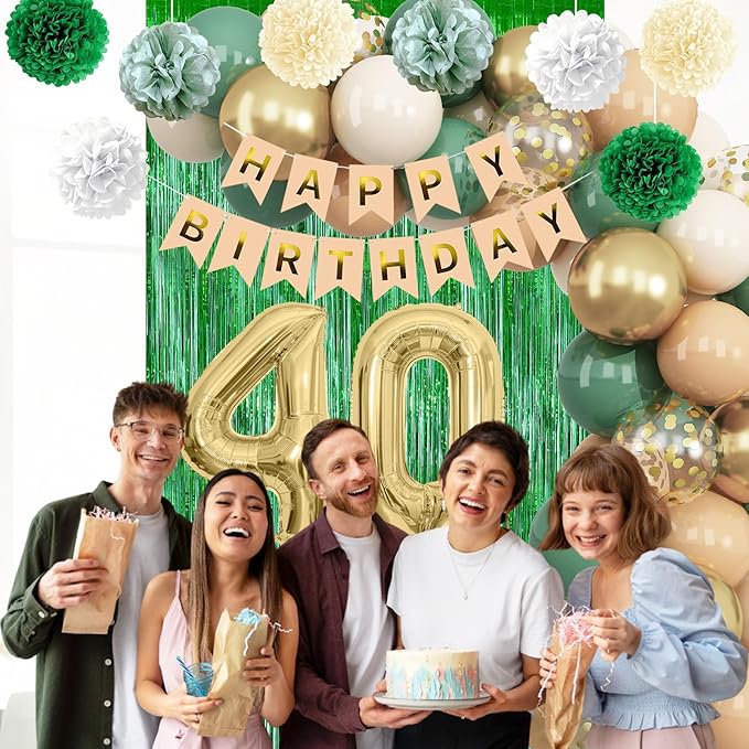 Sage Green 40th Birthday Decorations for Men Gold Number 40 Balloon Nude Gold Happy Birthday Banner Fringe Curtain Paper Pom Poms Olive Green Cream White Sand Star Foil Balloons Party Decor