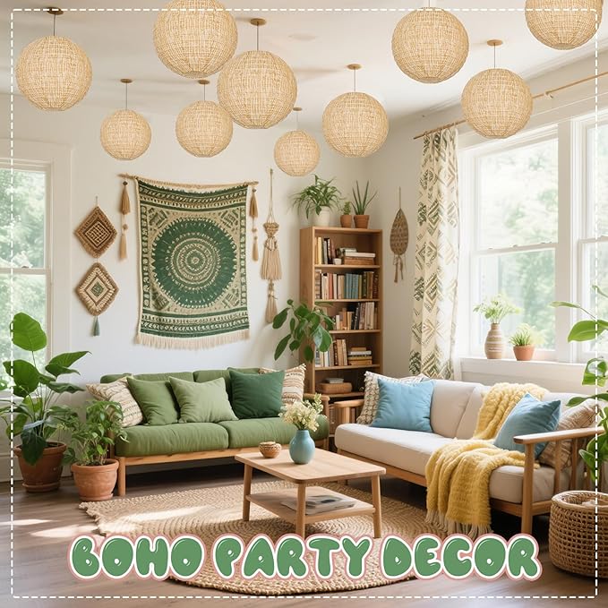 10Pcs 10" Boho Fall Party Decorations, Hanging Round Print Burlap Paper Lanterns for Office Ceiling Home Patio Neutral Baby Bridal Shower Wedding Rustic Boho Classroom Decor (10inch)