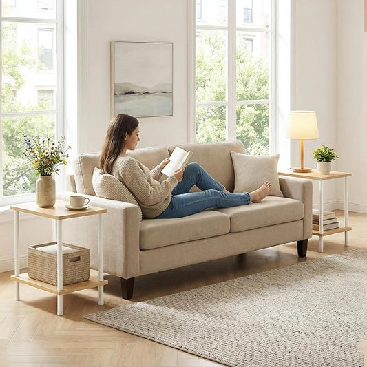 HOOBRO End Tables Set of 2, Small Side Table, Nightstand with 2-Layer Storage Shelves, Sofa Table for Small Spaces, Living Room, Bedroom, Stable Frame, Easy Assembly, Natural and White WN09BZP201