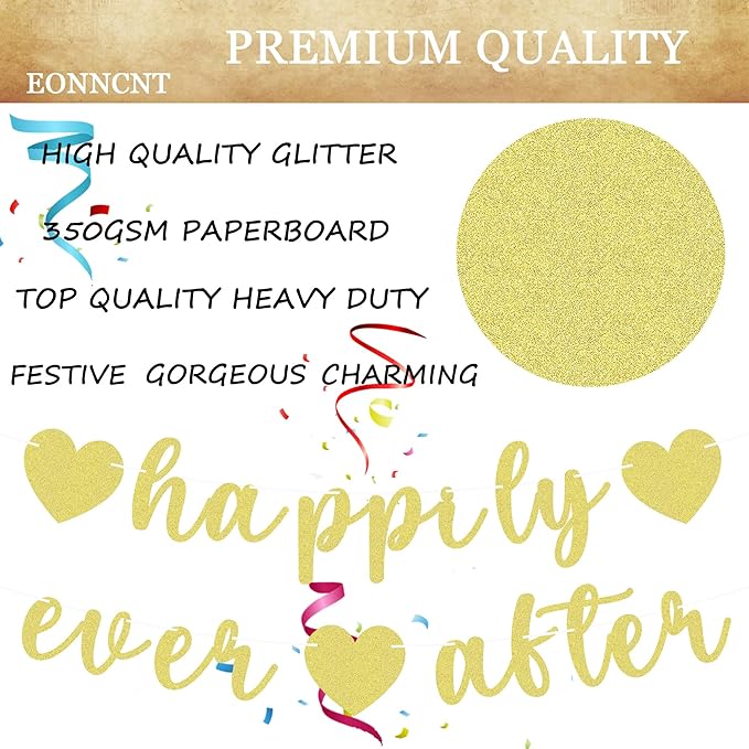 Pre-Strung Happily Ever After Banner - Gold Glitter Bachelorette Bridal Engagement Party Decoration Supplies, Bachelorette Wedding Party Banner for Engagement, Bridal Shower, Wedding Party Photo Booth Props