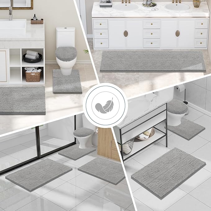 Smiry Luxury Chenille Bathroom Rugs 24x16, Extra Soft and Absorbent Shaggy Bath Mat, Machine Washable, Non-Slip Plush Carpet Runner for Tub, Shower, and Floor, Home Decor Accessories, Light Grey