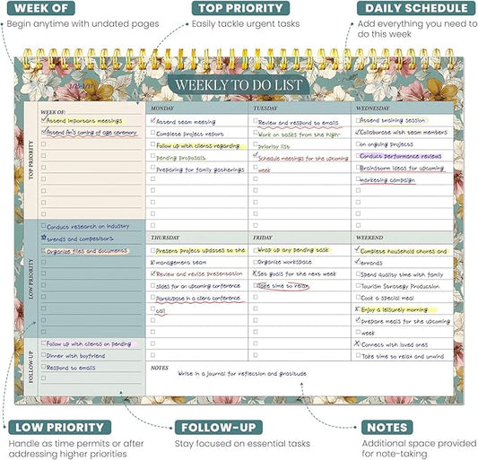 Weekly To Do List Notepad with 52 Undated Sheets(8.5"×11")- Undated Weekly Planner Notepad for Office Desk Accessories and Supplies - Teal Petals