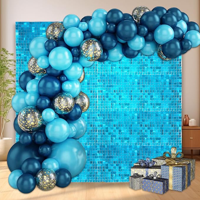 48 PCS Lake Blue Shimmer Wall Backdrop, Square Sequin Photo Backdrops Panel, Glitter Wall Background for Birthdays, Weddings, Halloween, Engagements, Disco Bachelorette Party Decoration (6FTx8FT)