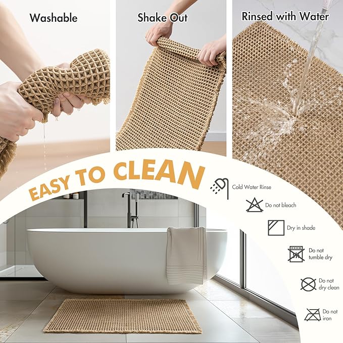 MIULEE Set of 2 Waffle Bathroom Rugs, Boho Bath Rugs Non Slip Washable, Super Absorbent Bath Mats, Ultra Soft Rubber Backed Shower Mats for Bathroom Floor, Tub, Brown, 17"x24"+17"x48"