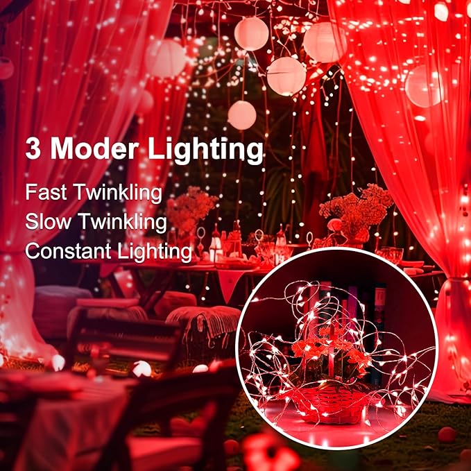 Fairy Lights,Silver Wire String Lights Waterproof,Battery Operated 7FT 20LED Firefly Starry Moon Lights for DIY Christmas Wedding Party Bedroom Decor (Red, 8 Pack)
