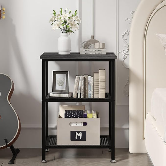 VECELO Tall End Side Tables, 30" Height Nightstand with 3-Tier Storage Shelf for Bedroom Living Room, Easy Assembly,Industrial Style, Carbon Grey