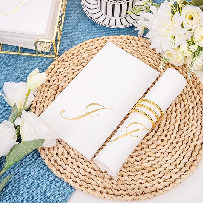 BUCLA 100PCS Gold Monogram Paper Napkins Letter J - Disposable Paper Napkins Elegant Metallic Golden Foil Gold Paper Napkin for Wedding, Birthday Party&Thanksgiving