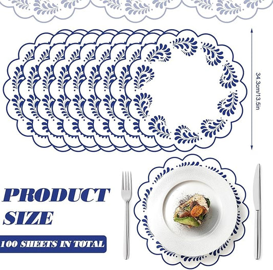 100 Pcs Talavera Paper Placemats 13.5 Inches Scalloped Cantaritos De Barro Mexicanos Paper Placemats Disposable Blue and White Party Decorations for Mexican Wedding Baby Shower Party Decor