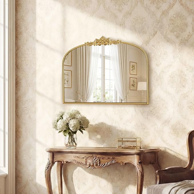 Gold Vintage Mirror 32x24 Inch, Laurel Leaf Ornate Beaded Frame Decorative Vanity Mirror, Antique Style Horizontal Bathroom Mirror for Living Room, Entryway,Dresser, Mantle