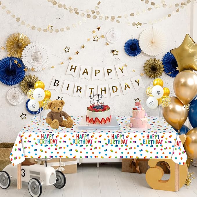 2 Packs Happy Birthday Tablecloth Plastic 54 X 108Inch, Birthday Party Decorations Table Cloth Disposable Colorful Rainbow Dots Birthday Table Cover for Boys Girls Birthday Party Supplies (Birthday)