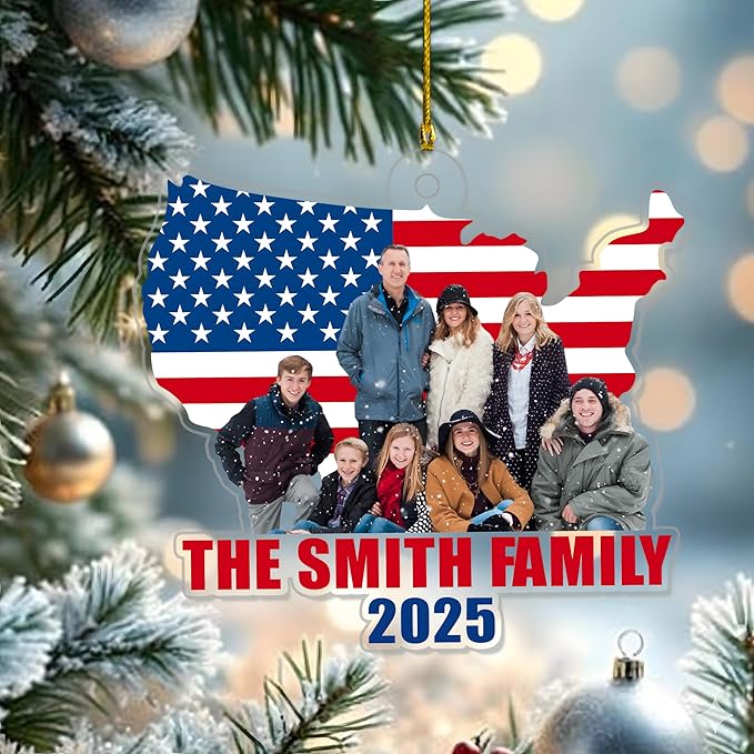 God Family Country Ornament 2025 β Personalized Acrylic USA Flag Ornament, Custom Photo Patriotic Christmas Tree Decoration, Memorial Keepsake Gift for Family, Veterans & Proud Americans