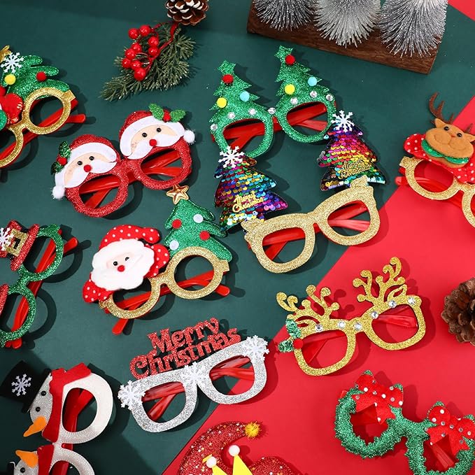 16 Pieces Christmas Glitter Eyeglasses Holiday Party Glasses Supplies Antlers Reindeer Snowman Shape for Xmas Decorations Assorted Styles