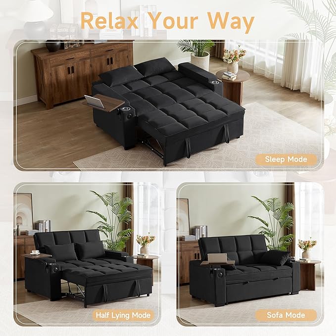66" Multi-Functional Pull-Out Sofa Bed with Hidden Side Table, Storage Armrests, Built-in Charging Port, Spring Mattress, Solid Wood Frame – Ideal for Small Spaces, Easy Assembly