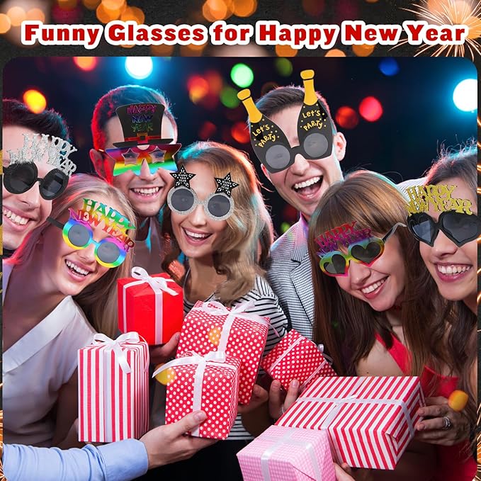 Christmas and New Year Party Glasses Set, 24 Pieces Novelty XMAS Eyeglasses, Photo Booth Props for Holiday Celebration, Christmas Party Favors, New Year's Eve Party Supplies