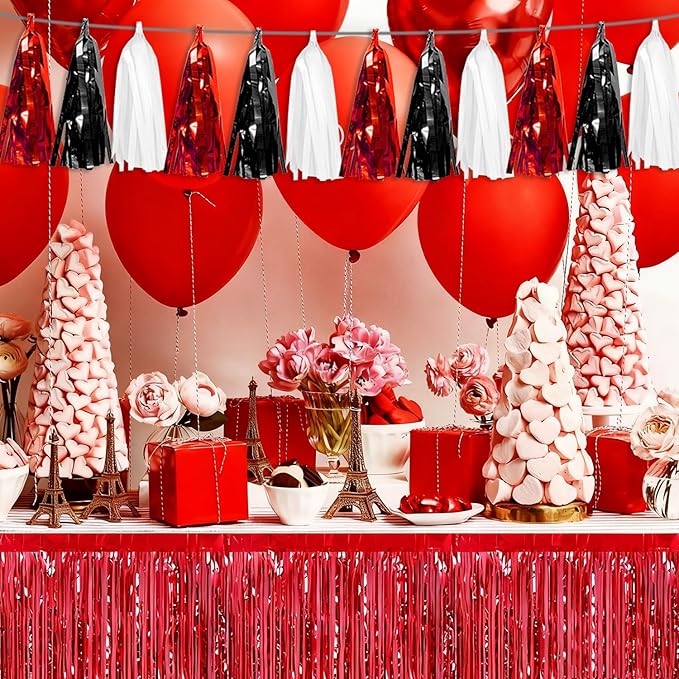 3P Black Red White Tassel Banner Garland Metallic Foil Fringe Banner Tinsel Tassels Streamer Banner Backdrop for Parade Floats Graduation, Halloween, Christmas, Father's Day Party Decorations
