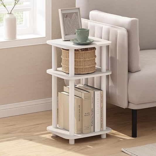 Furinno JUST Side Table, 3-Tier Turn-N-Tube End Table with Open Shelf, Round Curve Corner Night Stand, Bedside Table, Easy Assembly, for Living Room, Bedroom, White
