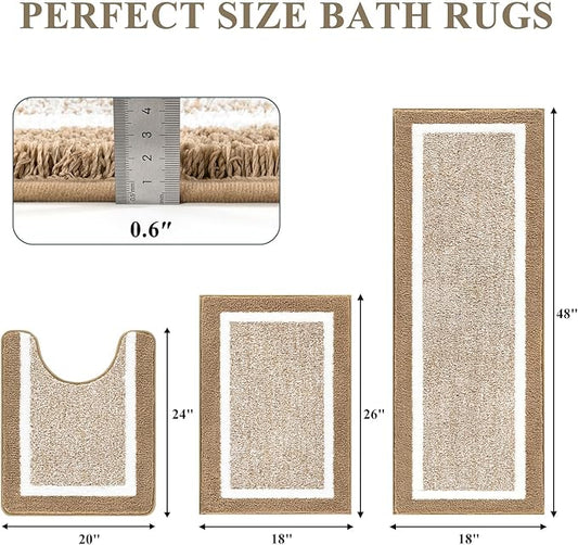 Pauwer Bathroom Rugs Sets 3 Piece Bathroom Shower Rugs with U-Shaped Contour Toilet Mat Absorbent Microfiber Plush Non Slip Bath Mats Machine Washable Shaggy Bath Floor Mat, Khaki