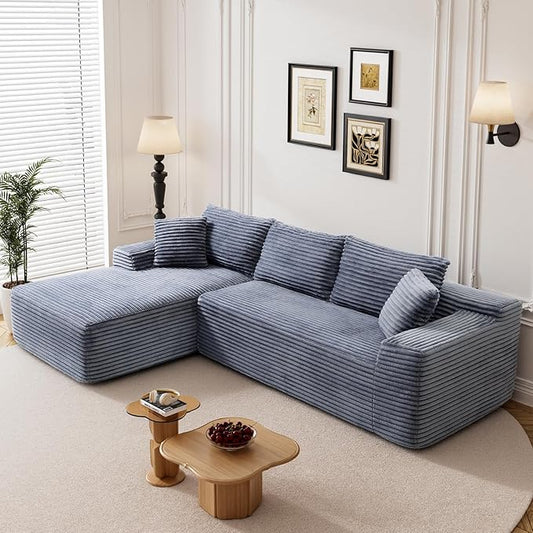 95" L Shaped Boneless Sectional Couches, Wide Armrest, Deep Seat, Memory Foam, Assembly Free, Modern Comfy Corduroy Fluffy Cloud Sofa with Left Chaise for Living Room, Small Spaces, Grey