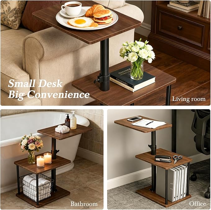 Swivel Side Table for Couch Arm, Adjustable C End Table for Recliner or Bed, Tv Trays with Storage Shelf for Small Spaces Small Nightstand Table for Living Room, Bedroom,Walnut 2pc