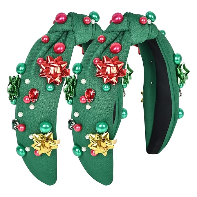 Christmas Headband for Women & Bride with Flower, Pearl & Crystal - Knotted Hairband, Top Knot Headpiece for Ugly Christmas Sweater, Holiday Party Costume, Dresses & Tops, Festive Gift (Green
