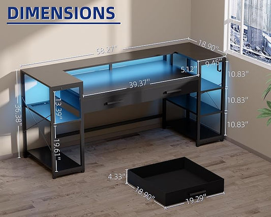 Pamray 58 Inch Computer Desk with Monitor Stand and Shelves Gaming Desk with LED Lights & Power Outlets PC Vanity Table with 2 Drawers for Home Office Vintage