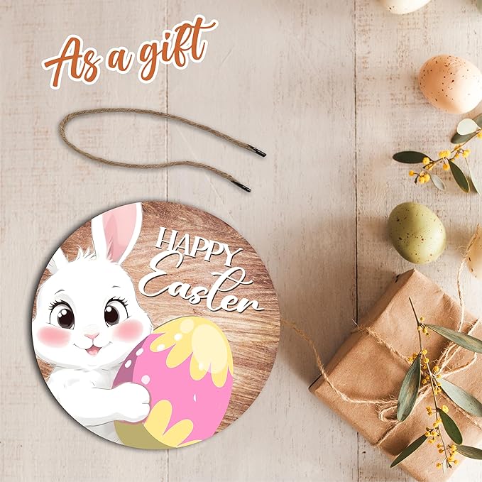 10" Easter Round Wooden Hanging Sign With Sisal Rope - Happy Easter - Bunny & Egg Wooden Plaque For Front Door, Porch, Outdoor Indoor, Farmhouse Wall Decor Party Favor & Decorations - B03
