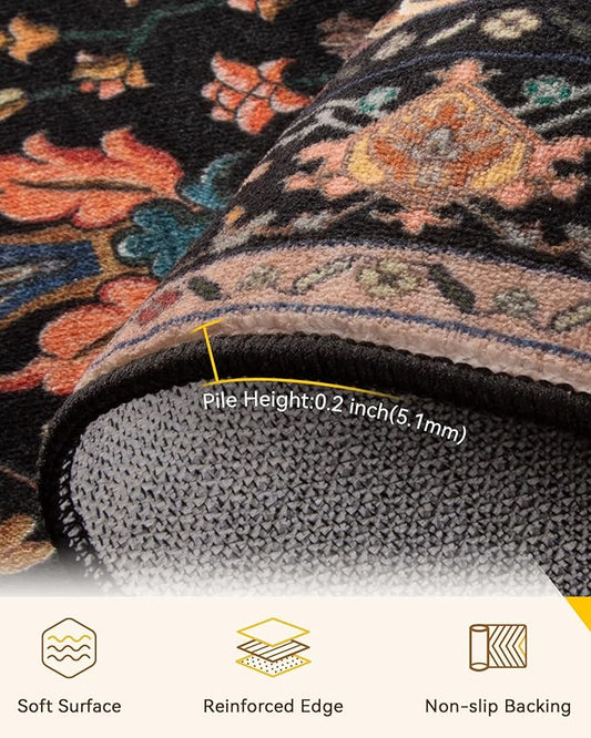 Area Rugs 2'x9' Runner Rug Non Slip Washable for Kitchen Hallway Bedroom Beside Laundry Room Bathroom Rug, Floor Carpet, Black Colorful Floral Dark Tan